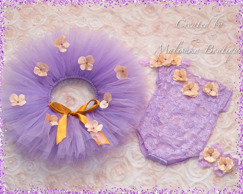 first birthday set Baby Girl Cake Smash Outfit Lavender Gold Flower Tutu 6 month photos Lace Onesie Bodysuit Headband Barefoot Sandals
