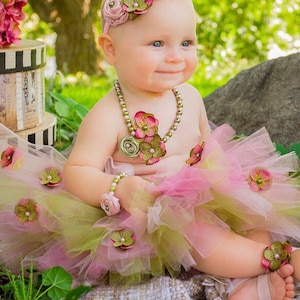 Fairy Costume, Baby Girl Cake Smash Birthday Outfit, Tutu Flower Crochet Tube Top Butterfly Pixie Wings, Moss Sage Olive Dress Newborn Photo image 6