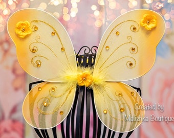 Bumble Bee, Butterfly Baby Costume Wings, Glitter, Flowers, Rhinestones, Girl First Birthday Party, Honey Dress Up Photo Prop Outfit Fairy