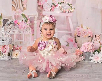 Dusty Rose Cream Baby Girl Tutu Top Dress, Flowers, Mauve Ivory, Crochet tube top, Cake Smash First Birthday Photos Outfit, Pink Over top