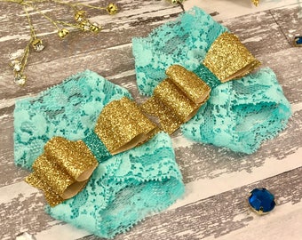 Gold Mint Green Glitter Bow Barefoot Sandals, Shiny Baby Stretchy Shoes Frosted Over the Top First Birthday Outfit Photo Prop Newborn Girl