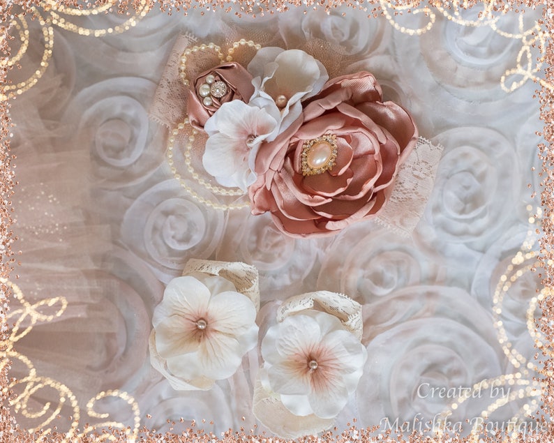 Flower Girl Outfit Pearl Necklace Bracelet Jewelry Fabric Flowers Lace Sequins Champagne Chiffon Toddler Rose Gold Cream Ivory Headband