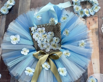 Fairy Cake Smash Tutu Outfit, Hydrangea flower garden skirt, tube top, diaper cover, butterfly wings wand, Pearl Necklace Bracelet, Sandals