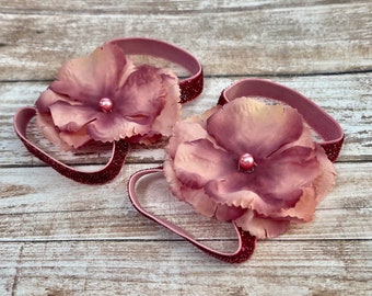 Glitter Barefoot Sandals, Shiny Flower Baby Stretchy Summer Shoes, Mauve Dusty Rose Cake Smash Outfit Photo Prop Newborn Shower Gift