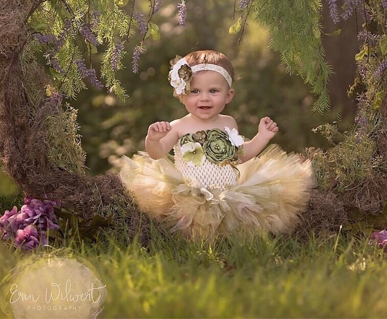 Baby Girl First Birthday Outfit Tutu Crochet Top Set Cream Gold Moss Sage Olive Green Fabric flowers dress glass pearl beads layered pageant