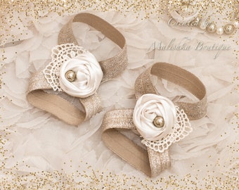 Champagne Cream Barefoot Sandals, Baby Girl Beige Fabric Flower Foot Bands, Elastic, lace, pearl beads, Shower Gift, Cake Smash Photo Prop