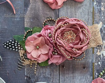 Diadema de tela color rosa empolvado con flores, roseta de satén, plumas, perlas, conjunto para sesión de fotos de bebé, verde musgo, gema de oro rosa