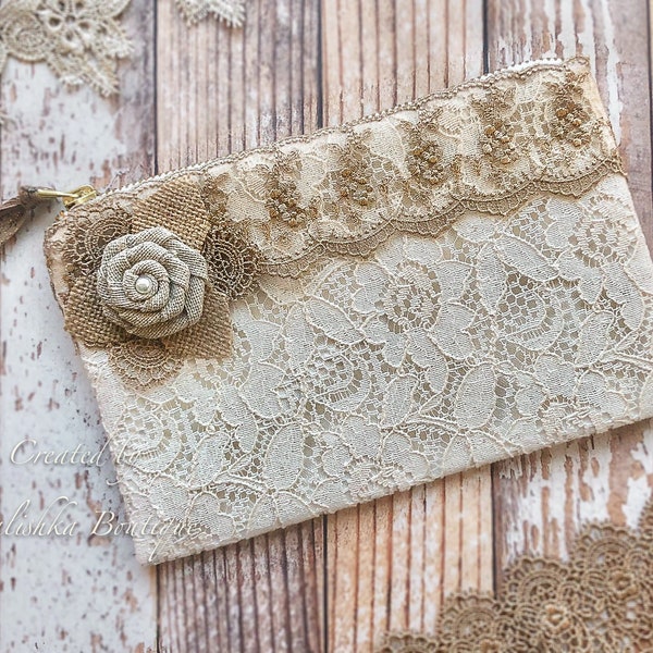 Make Up Bag, Lace cream ivory zipper bridal clutch, burlap fabric flower purse, prom bridesmaid mothers day gift bride gold country wedding