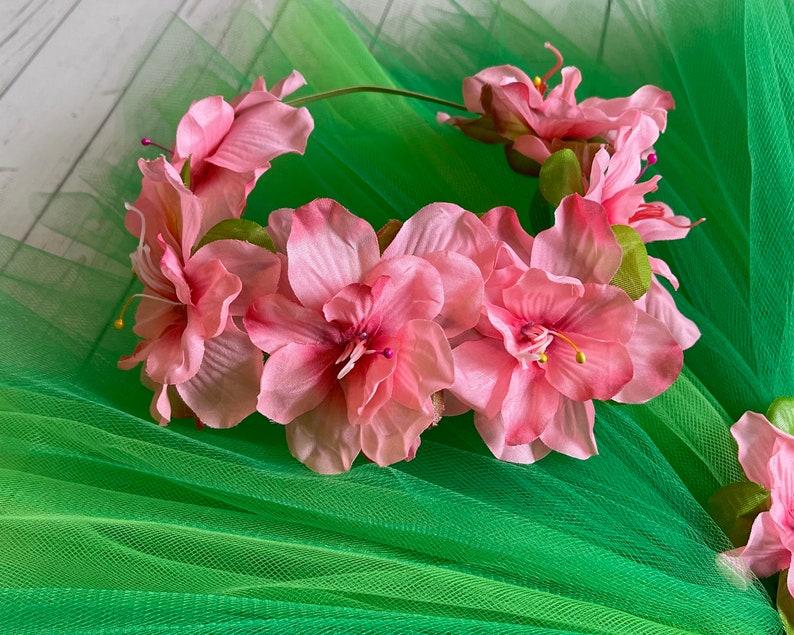 Luau Skirt, Hair Crown Headband, Tulle azalea flower tulle tutu, coral salmon, apple, elastic Hawaii cake smash party, baby photoshoot prop image 9