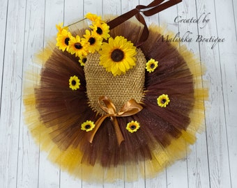 Sunflower Tutu Outfit, Baby Girl Cake Smash Summer Flower Halo Headband Wreath, Glitter 6 month half Birthday Photos, Full Ribbon Dress Gold