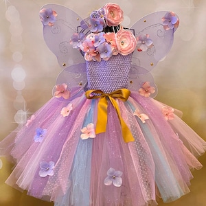 May include: A purple tulle tutu with a lavender bodice and flower embellishments. The bodice has a gold ribbon bow and the tutu has a rainbow of colors. The outfit is completed with lavender butterfly wings.
