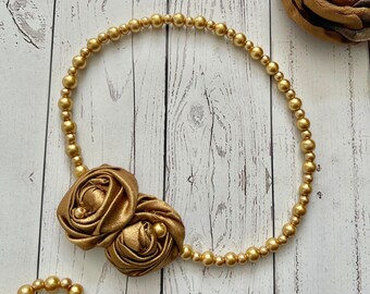 Bronze Pearl Necklace, Baby Girl, Fabric Flower Rosette, Vintage Gold, First Birthday Outfit Photo Prop, Wedding Jewelry Shower Gift Newborn