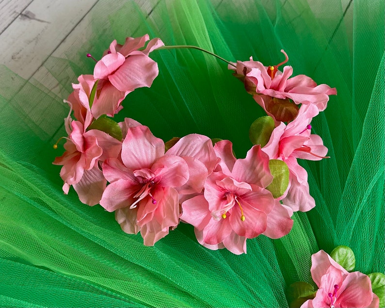 Luau Skirt, Hair Crown Headband, Tulle azalea flower tulle tutu, coral salmon, apple, elastic Hawaii cake smash party, baby photoshoot prop image 10