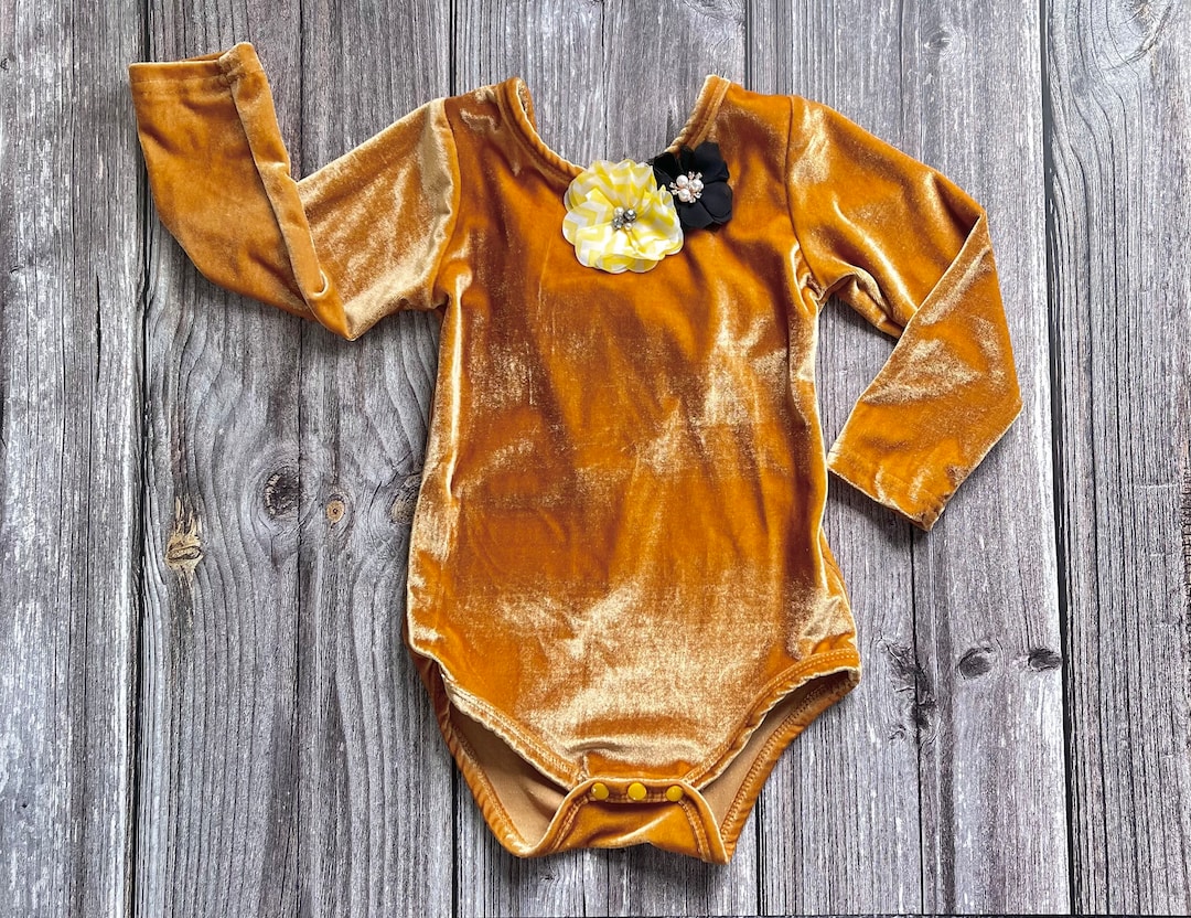 Velour Gold Long Sleeve Bodysuit, Baby Girl Cake Smash Outfit, Fabric