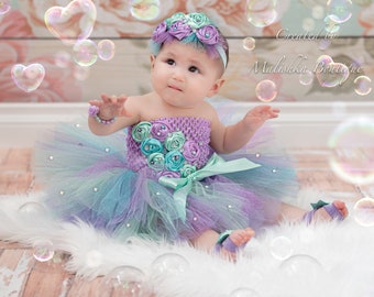 Cake Smash tutu outfit, Baby girl bubble theme birthday party photoshoot, glitter aqua lavender rhinestones, fabric flower top headband