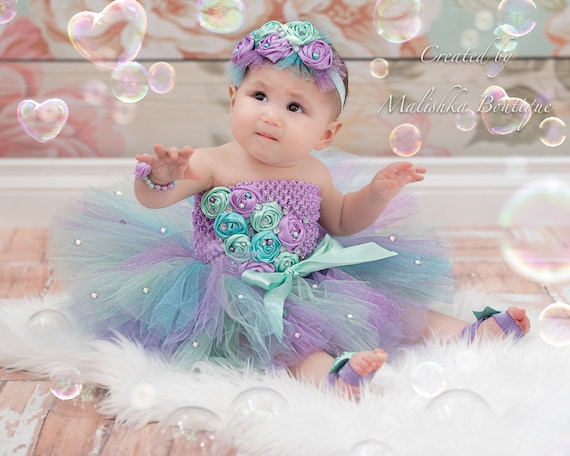 Cake Smash Tutu Outfit, Baby Girl Bubble Theme Birthday Party Photoshoot,  Glitter Aqua Lavender Rhinestones, Fabric Flower Top Headband -  Hong  Kong