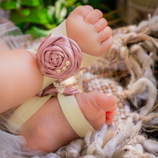 Cream Dusty Rose Barefoot Sandals, Baby Stretchy Shoes Satin Rosette Mauve Pearl Beads Ivory Blush Cake Smash Birthday Outfit Newborn Gift