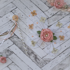 Fairy Wings Wand Set, Blush Butterfly Garden Birthday Party Outfit, Fabric Silk Flowers, Ribbon Streamers, Rhinestones, Cake Smash Baby Girl