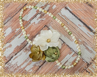 Pearl Flower Necklace, Fairy Moss Olive Sage Cake Smash Photo Outfit, Cream Butterfly Garden, elastic fabric stretchy, newborn shower gift