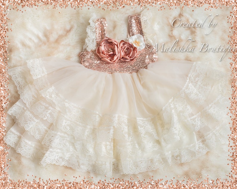 Flower Girl Outfit Pearl Necklace Bracelet Jewelry Fabric Flowers Lace Sequins Champagne Chiffon Toddler Rose Gold Cream Ivory Headband