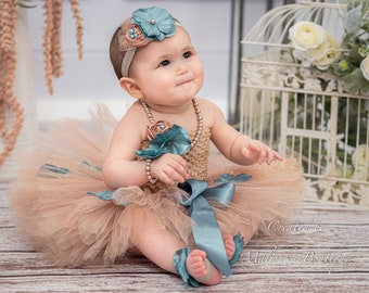 Flower Tutu, Crochet Top, Pearl Necklace Bracelet, Fabric Headband, Barefoot Sandals Outfit Set, Cake Smash Photos, Dusty Blue, glitter