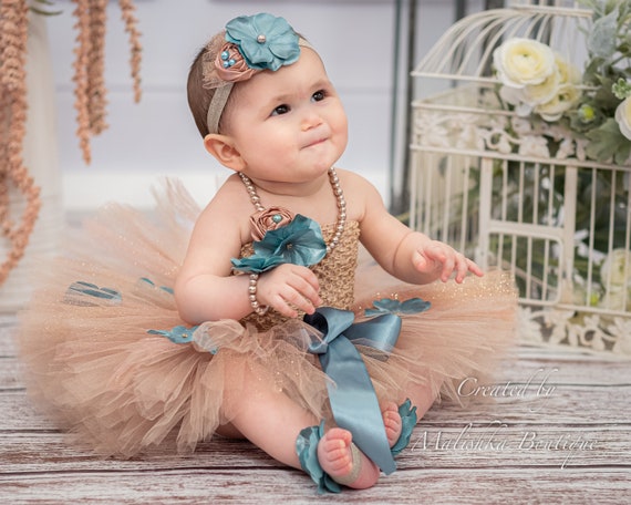 Flower Tutu, Crochet Top, Pearl Necklace Bracelet, Fabric Headband,  Barefoot Sandals Outfit Set, Cake Smash Photos, Dusty Blue, Glitter - Etsy