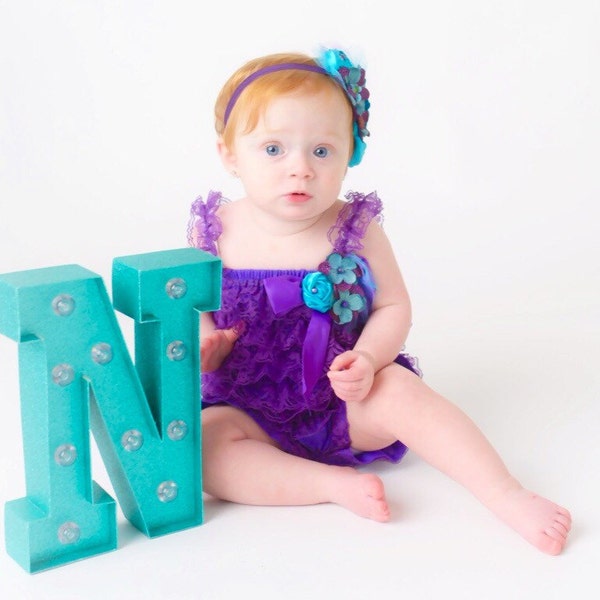 Under the Sea, Peacock, Lace Ruffle Petti Romper, Over the Top First Birthday Outfit, Baby Girls Photo Prop, Purple Lavender Turquoise Blue