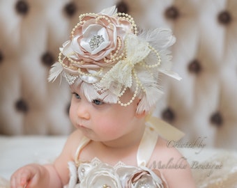 Large Over the Top Headband, Cake Smash First Birthday Photos, Cream Champagne Girl, Lace Pearl Feathers, Flower Beauty Pageant, Gemstones