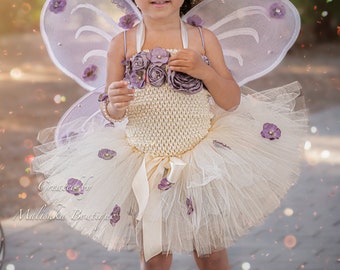 Dusty Purple Wheat Flower Fairy Tutu Cake smash outfit, Baby Girls Tulle Skirt Top, Garden Birthday, Glitter Cream, Ivory, lavender, pearls