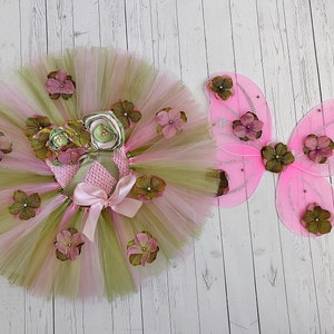 Fairy Costume, Baby Girl Cake Smash Birthday Outfit, Tutu Flower Crochet Tube Top Butterfly Pixie Wings, Moss Sage Olive Dress Newborn Photo image 8