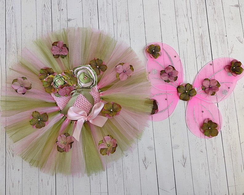 Fairy Costume, Baby Girl Cake Smash Birthday Outfit, Tutu Flower Crochet Tube Top Butterfly Pixie Wings, Moss Sage Olive Dress Newborn Photo image 8
