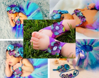 Baby Girl Barefoot Sandals, Under the Sea Purple Turquoise Hydrangea Flower Stretchy Elastic, First Birthday Outfit Mermaid Costume, Newborn