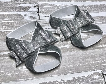 Glitter Bow Barefoot Sandals, Shiny Baby Girl Newborn Photo Prop, Cake Smash Birthday Outfit Stretchy Summer Shoes, Over the Top Elastic