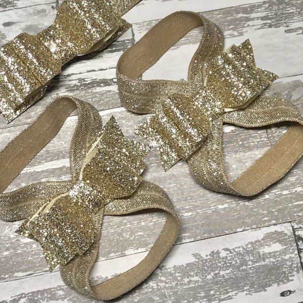 Champagne Glitter Bow Barefoot Sandals Shiny Baby Girl Beige Stretchy Summer Shoes Frosted Over Top First Birthday Outfit Photo Prop Newborn