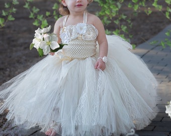 Cream Long Lace Tutu Dress, Flower Girl, Fabric Flower Top, Beauty pageant, ivory glitter over the top, First Birthday Cake Smash Photos