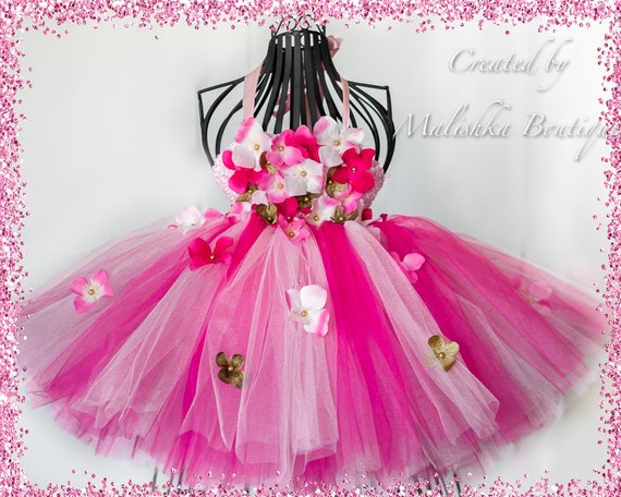 Fairy Flower Long Tutu Dress, Hot Pink Moss Sage, Birthday Girl