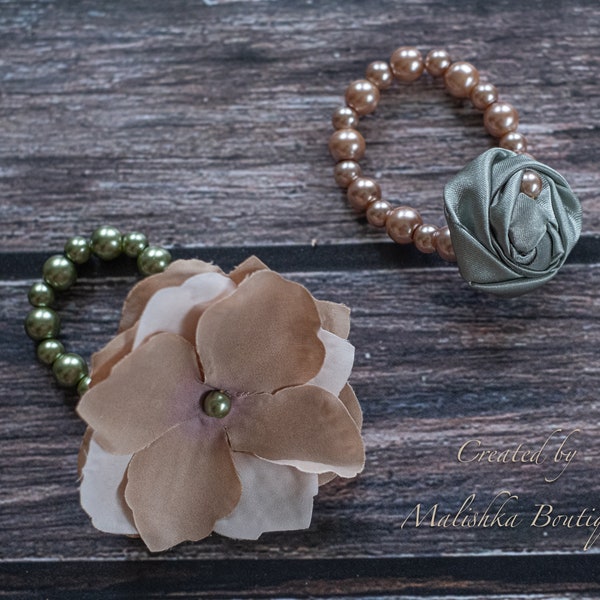 Elastic Sage Green Glass Pearl Bead Bracelet, Fabric Flower Rosette, Taupe Silk Hydrangea, Ash Gray Green Taupe Fairy Outfit, Newborn Gift