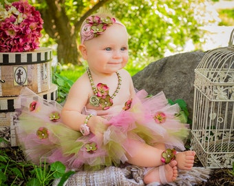 First Birthday Outfit Girl Fairy Tutu Set, Pink Sage Green Headband, Rosette bracelet, Pearl beaded necklace flowers Photo Prop Set Pageant