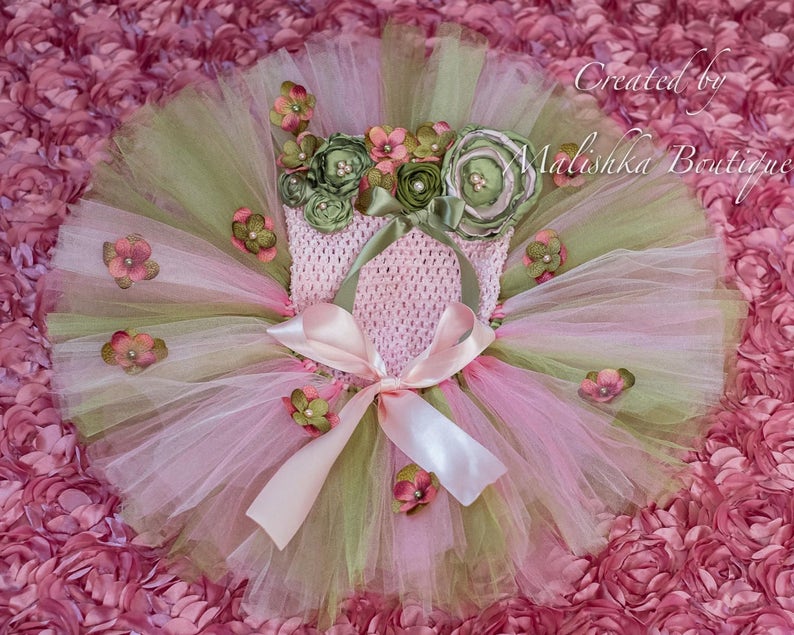 Fairy Costume, Baby Girl Cake Smash Birthday Outfit, Tutu Flower Crochet Tube Top Butterfly Pixie Wings, Moss Sage Olive Dress Newborn Photo image 3