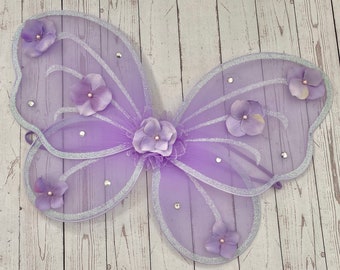Butterfly Fairy Wings, Baby Girl Lavender Glitter Flower Pearls Rhinestones, lilac, mesh birthday cake smash photos costume outfit, pixie