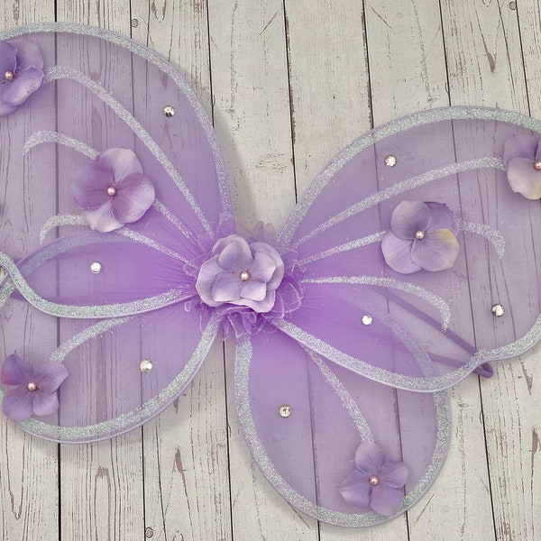 Butterfly Fairy Wings, Baby Girl Lavender Glitter Flower Pearls Rhinestones, lilac, mesh birthday cake smash photos costume outfit, pixie