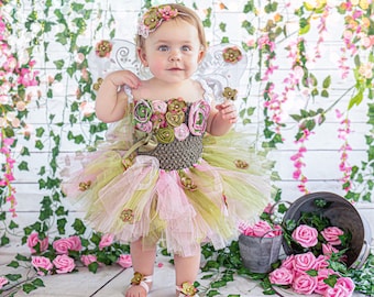 Fairy Tutu Costume Set, Baby Girl Top, Fabric Flower Headband, Butterfly wings, barefoot sandals, Moss Half Birthday Cake Smash Outfit Dress