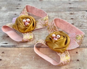 Fabric Flower Barefoot Sandals, Baby Girl Shiny Stretchy Summer Shoes, Satin Rosette Glass Pearl Bead Birthday Outfit Shower, Newborn Gift