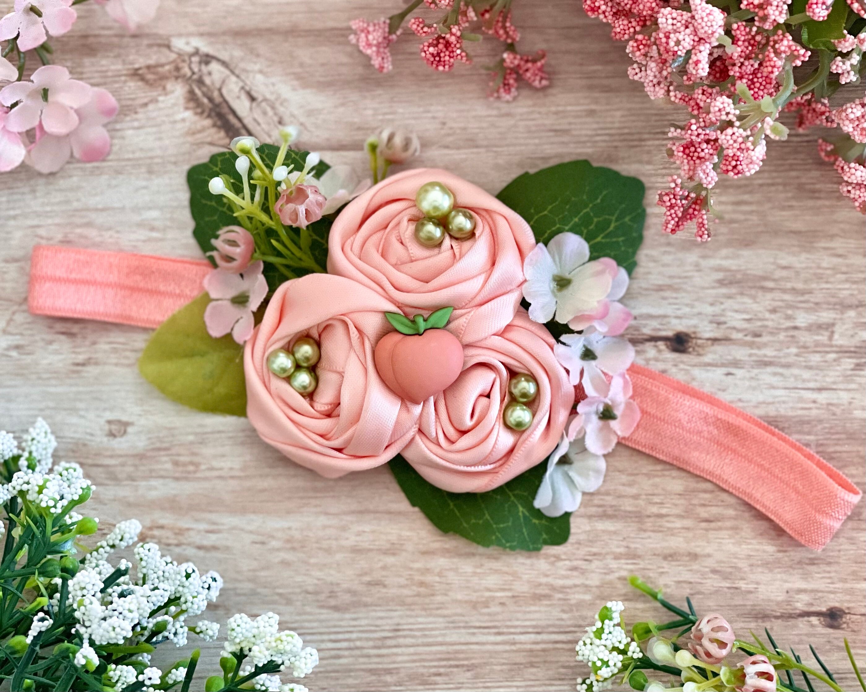 Peach Fabric Silk Flower Headband, Blossoms, Leaves, Glass  display picture 3