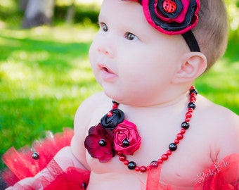 Baby Girl Pearl Necklace, Ladybug Cake Smash Birthday Outfit Costume, Fabric Flower Rosettes, elastic, photo prop, Newborn shower gift