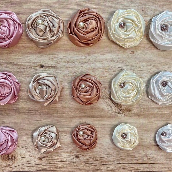 Satin Fabric Rosette Flowers, Handmade with Pearls, Headband Supply, 1” 1.5” 2” 2.5” 3”Cream Beige Dusty Pink Taupe, Newborn Photo Prop, DIY