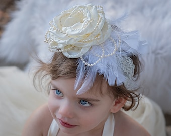 Over the Top Cream Headband, Large Flower Girl Fabric Headband, Pearls, Feathers, Gemstone Lace, Ivory Singed, Beauty Pageant baptism Outfit