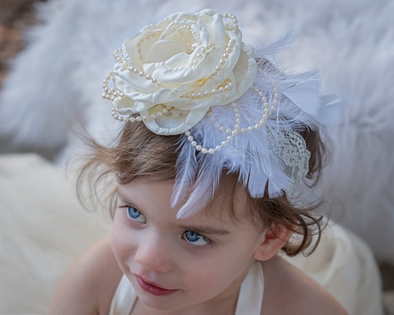 Large Fabric Flower Cream Headband, Over the top Rose Headband, Pearls, Feathers, Gemstone Lace, Ivory Singed, Beauty Pageant baptism Outfit