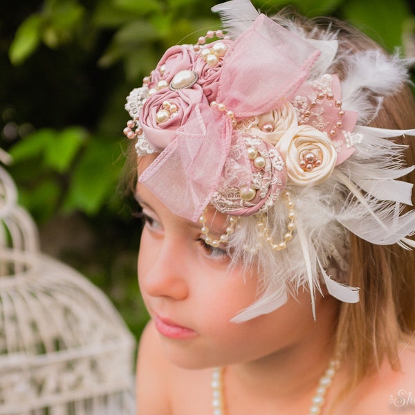 Over the Top Headband, First Birthday Cake Smash Outfit, Cream Dusty Rose, Mauve Fabric Flowers, Feathers, Pearls Lace Extra Large, Ivory