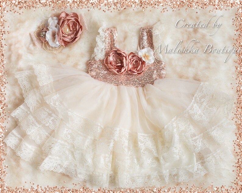 Flower Girl Outfit Pearl Necklace Bracelet Jewelry Fabric Flowers Lace Sequins Champagne Chiffon Toddler Rose Gold Cream Ivory Headband